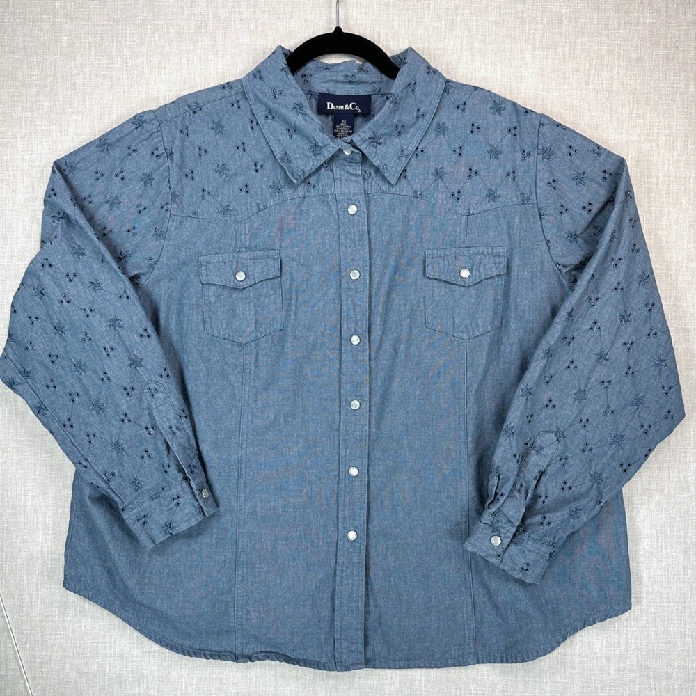 Vintage Denim & Co Shirt Womens Plus 2X Blue Chambray Eyelet Western Pearl Snap